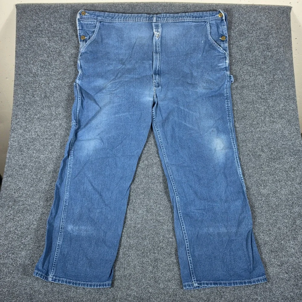Dickies Mens 2XL Blue Denim Bib Overalls Distressed Carpenter Workwear Pants